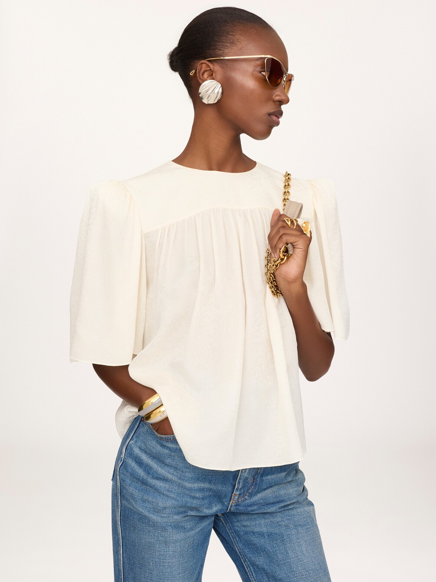 Crew-neck gathered top in silk jacquard - 4