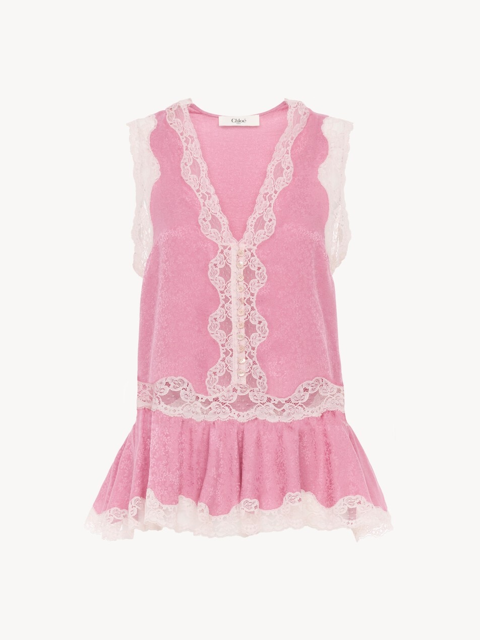 Sleeveless peplum top in silk jacquard & lace - Packshot