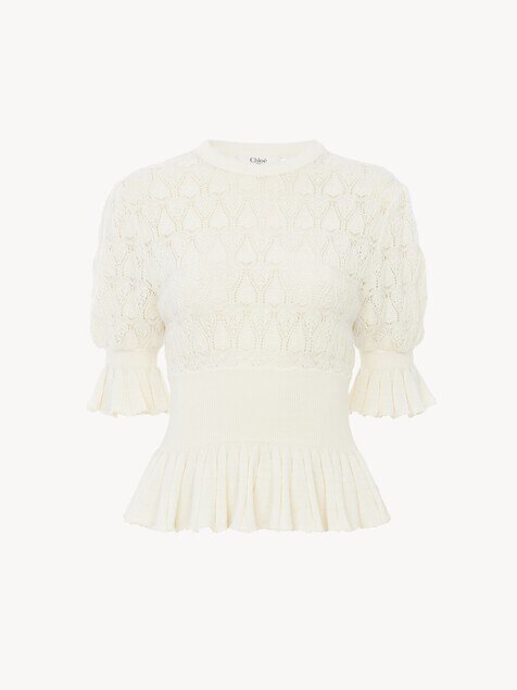 Short-sleeve ruffled sweater in a wool-mix knit