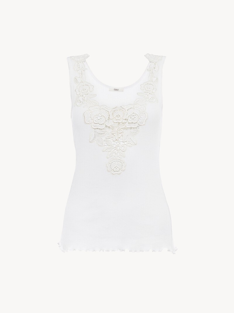 Fitted tank top in cotton jersey & guipure by Chloé