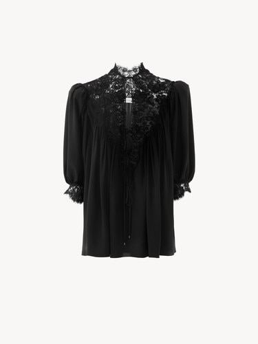 Fluid puff-sleeve top in cr&ecirc;pe de chine & lace - 1