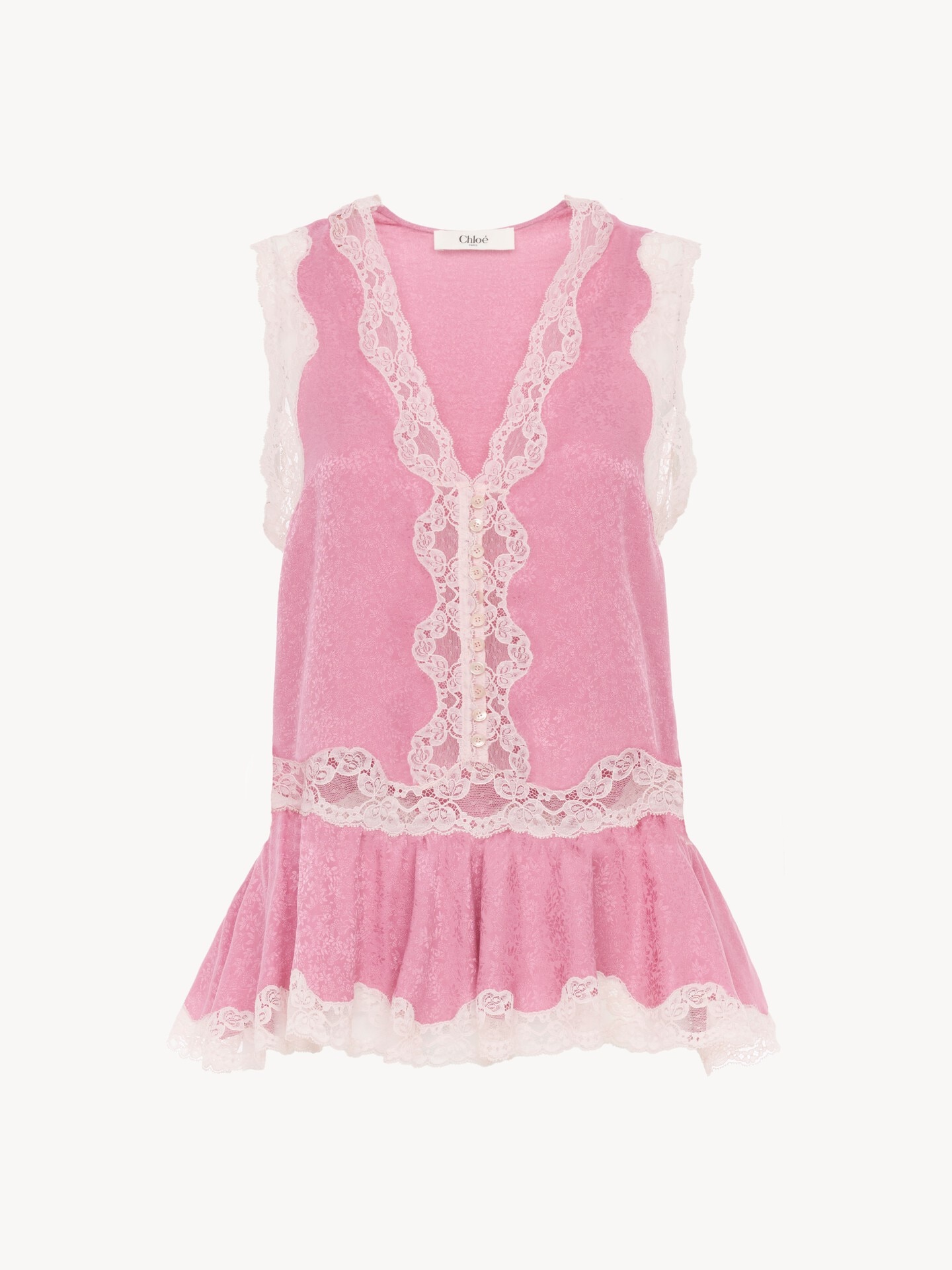 Sleeveless peplum top in silk jacquard & lace - 2