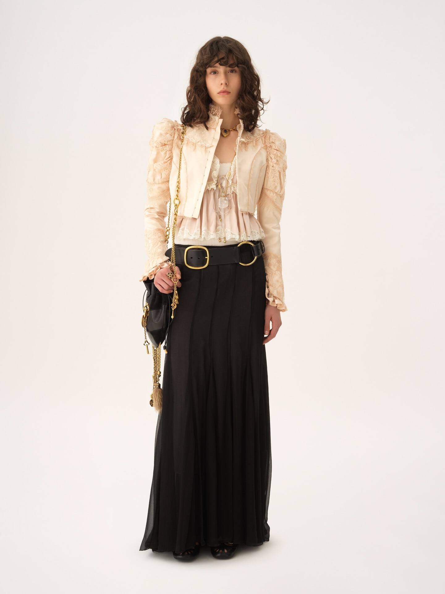 Cropped fitted jacket in silk duchess satin & lace - 2
