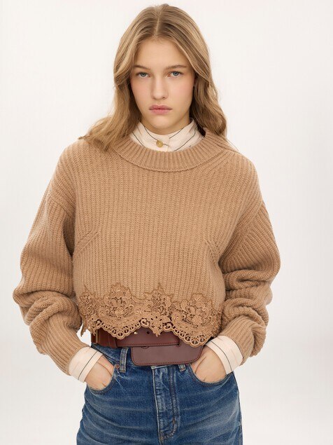 Cropped mock-neck sweater in a wool and cashmere knit & lace