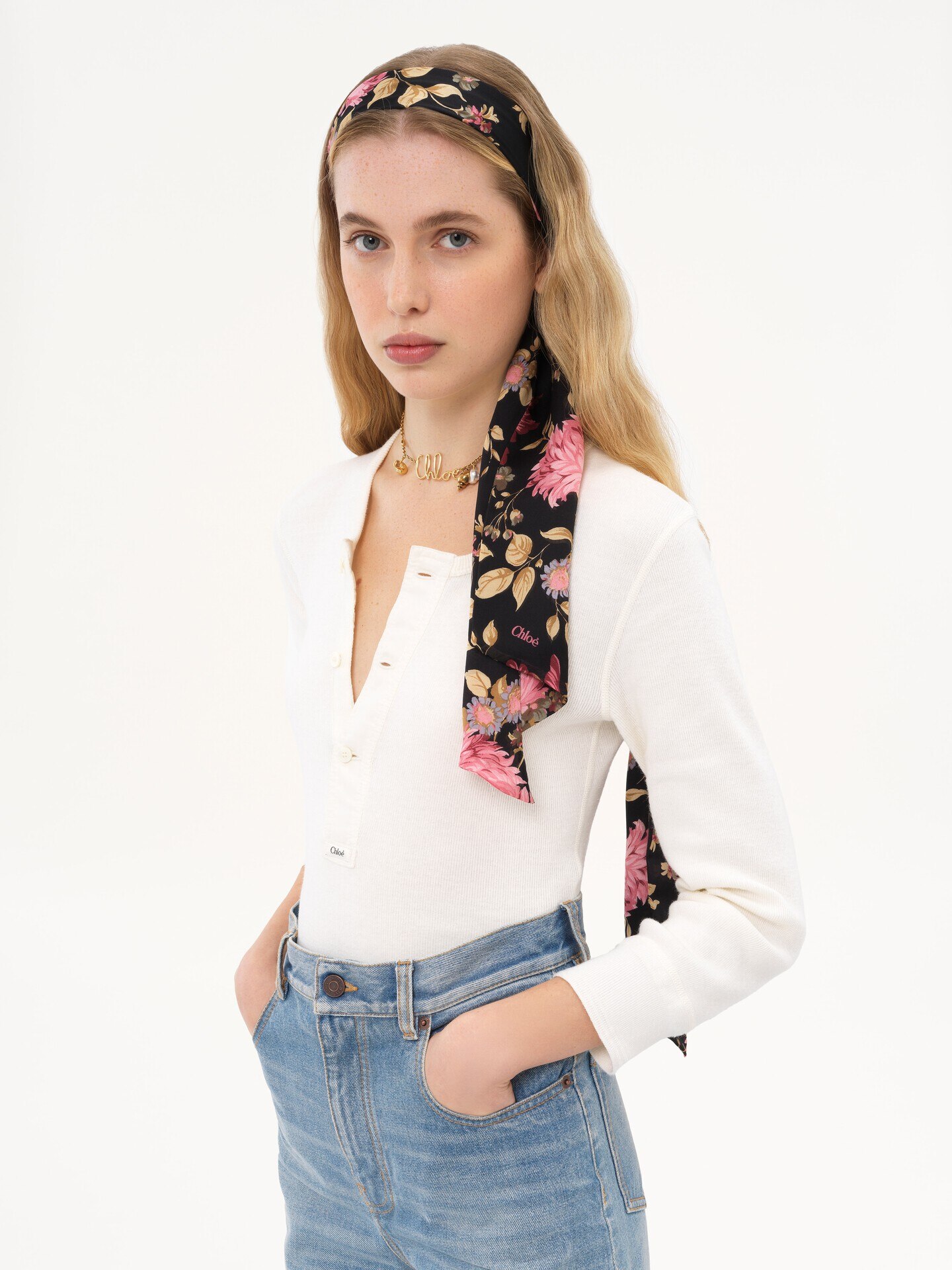 Chlo&eacute; Peonies Bandeau-Schal aus Seiden-Charmeuse - 6