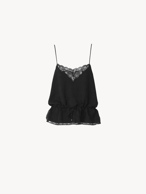 Drawstring camisole top in silk jacquard & lace