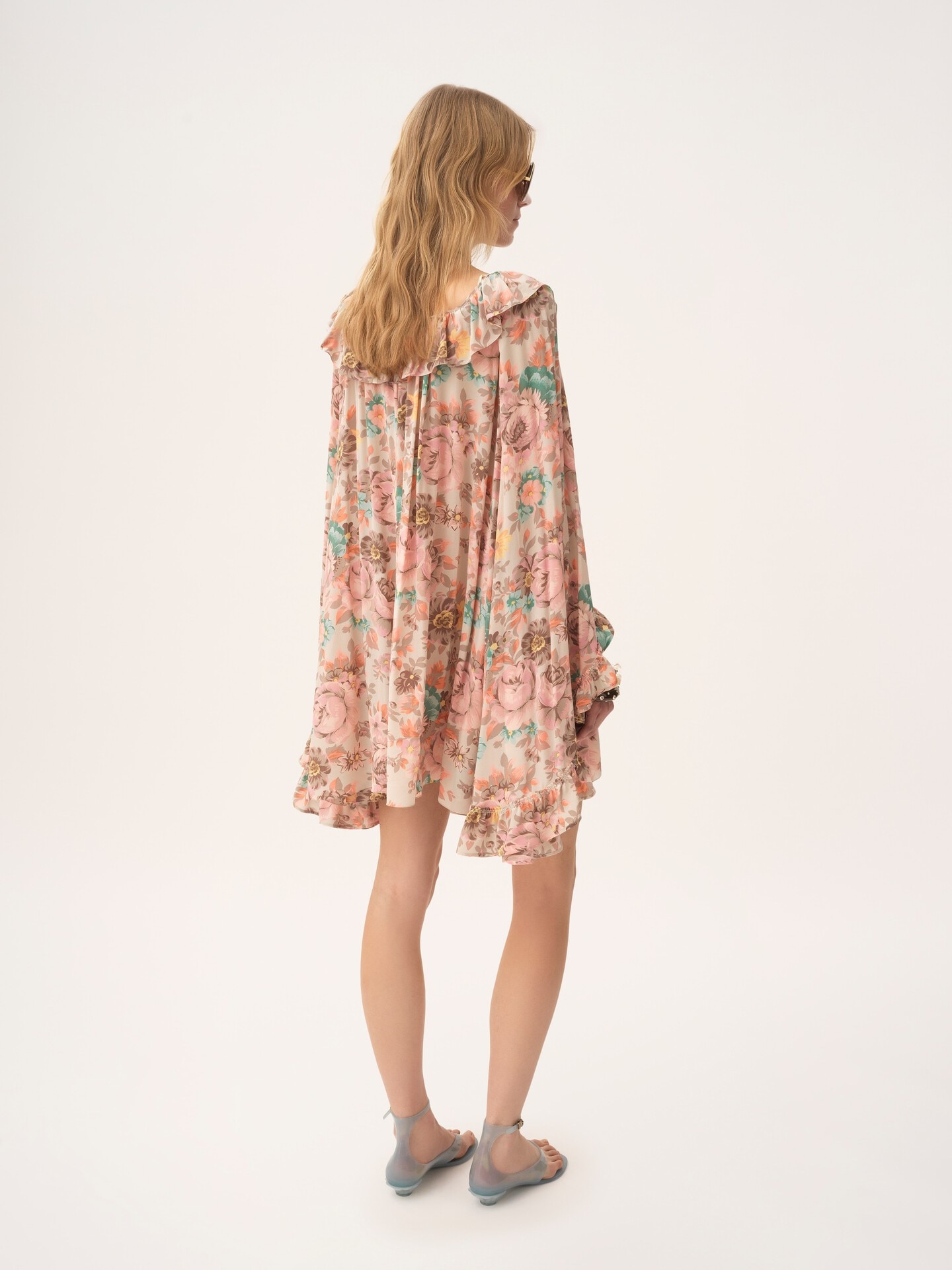 Square-neck ruffled mini dress in cr&ecirc;pe de chine - 5