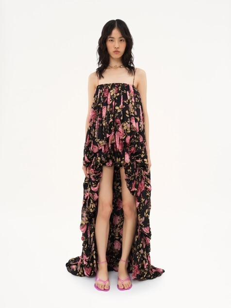 High-low sleeveless jumpsuit in silk charmeuse