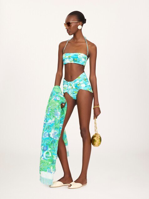 Aqua flower-print mid-rise draped bikini bottoms