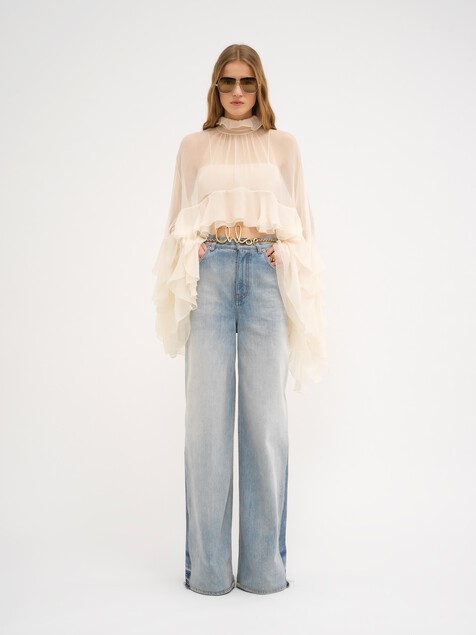 High-low ruffle top in silk mousseline
