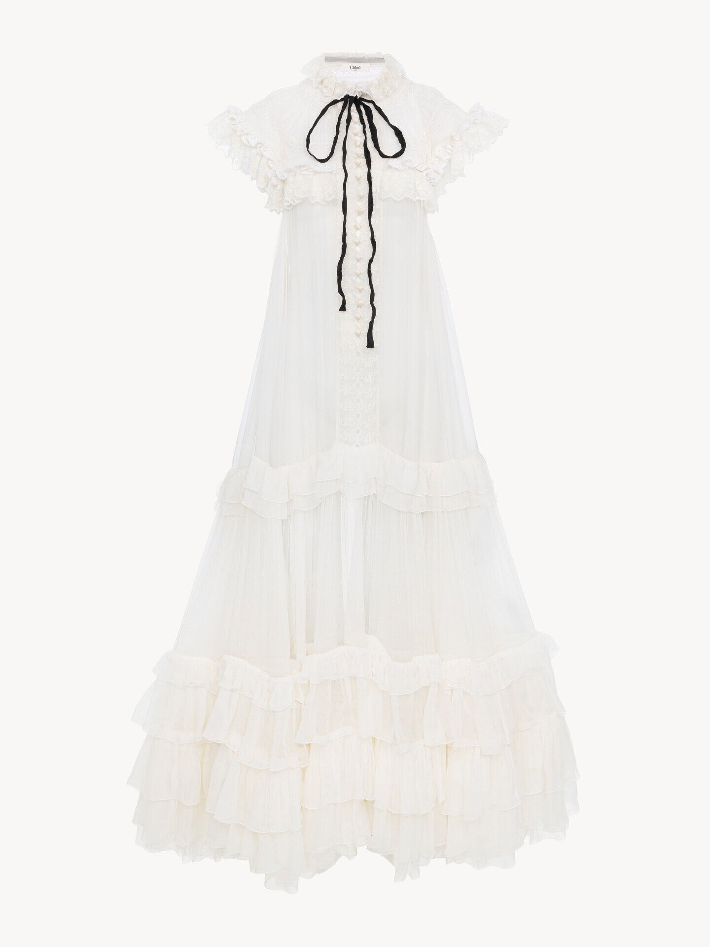 Tie-front ruffled long dress in silk mousseline & lace - 2.0