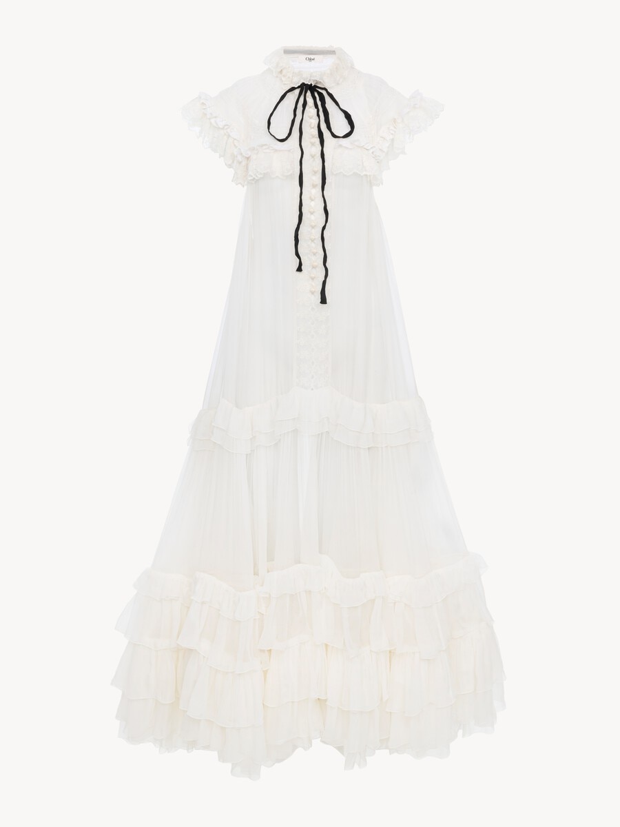 Tie-front ruffled long dress in silk mousseline & lace - 2