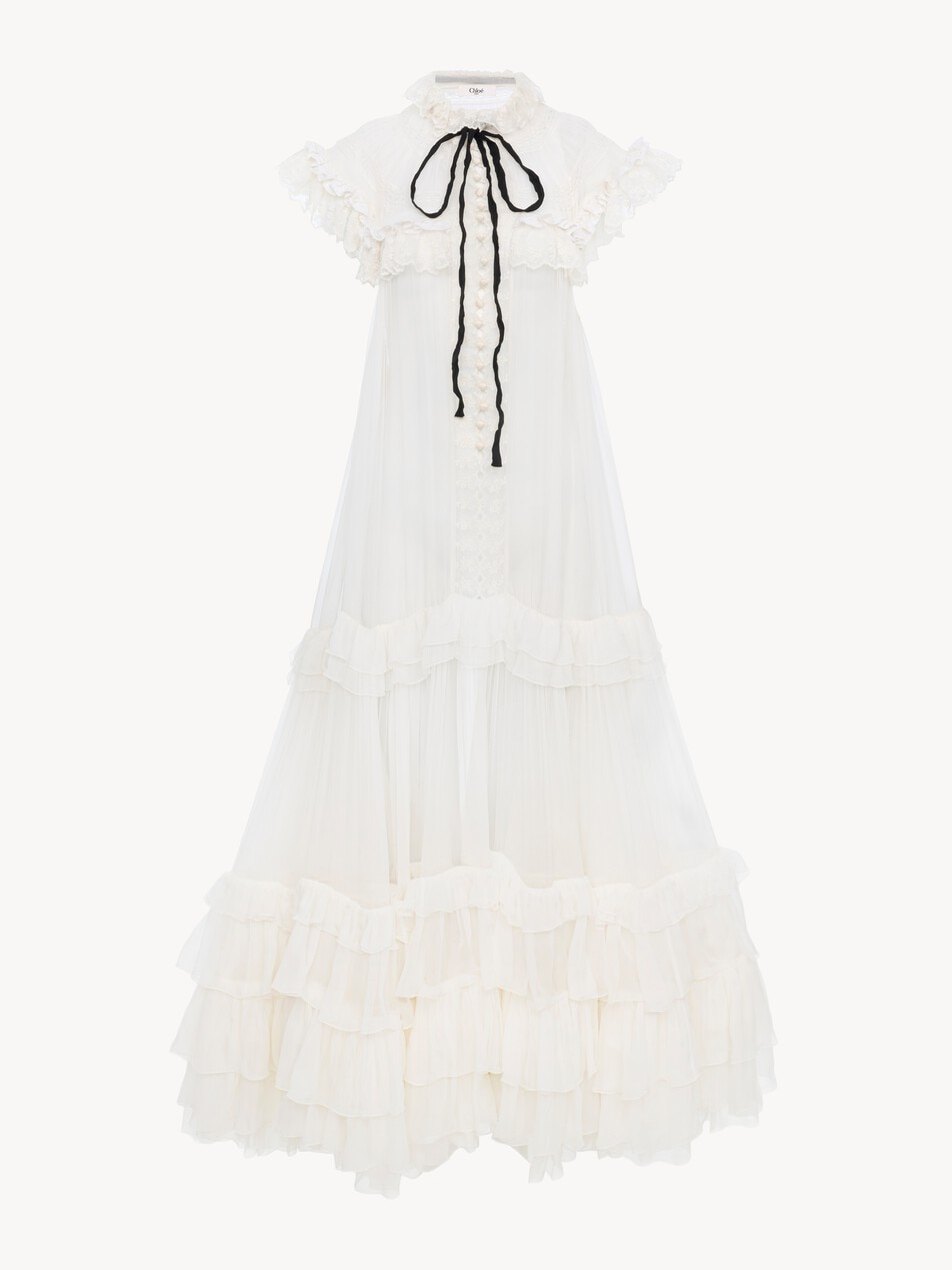 Tie-front ruffled long dress in silk mousseline & lace
