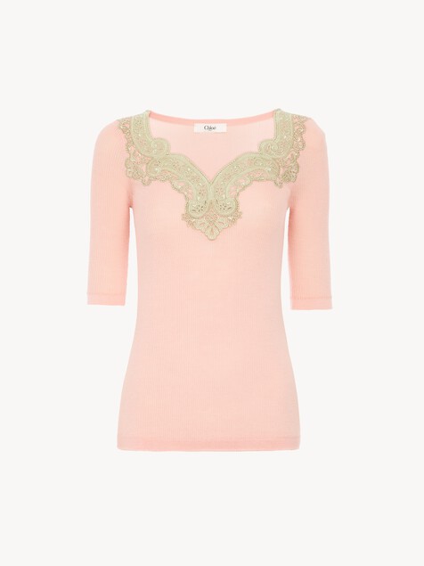 Elbow-sleeve fitted sweater in a wool knit & lace