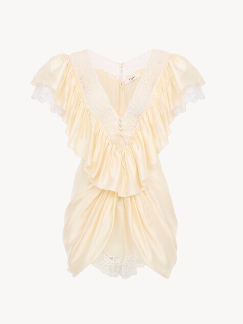 Short V-neck jumpsuit in washed silk satin & lace