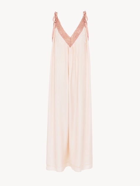Long slip dress in silk habotai & lace