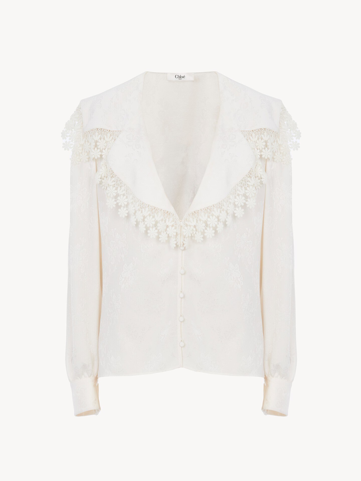 Bluse aus Seidenjacquard und Spitze mit Maxikragen - 2