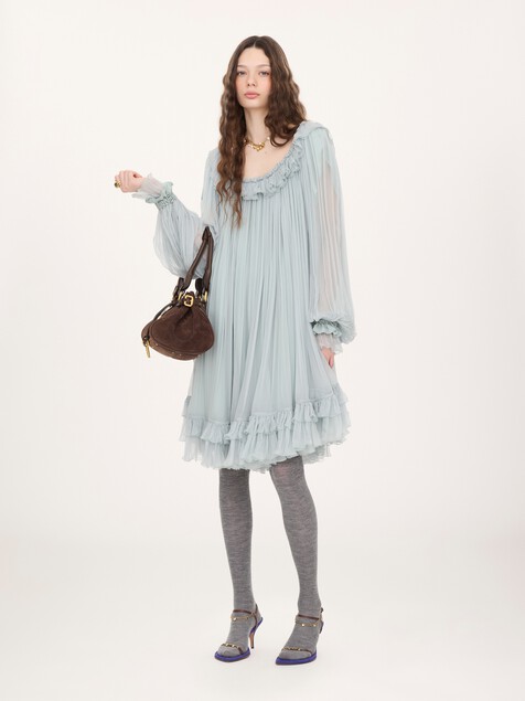 Gathered mini dress in silk mousseline
