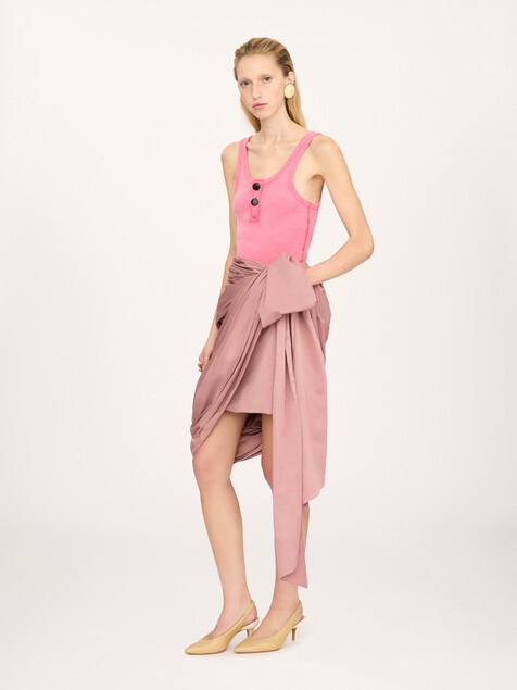 Knee-length wrap skirt in technical satin