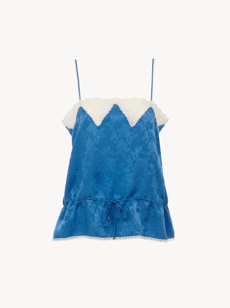 Drawstring camisole top in silk jacquard & lace