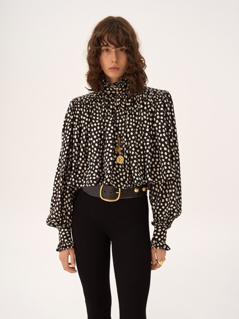 Maxi gathered high-neck top in silk jacquard