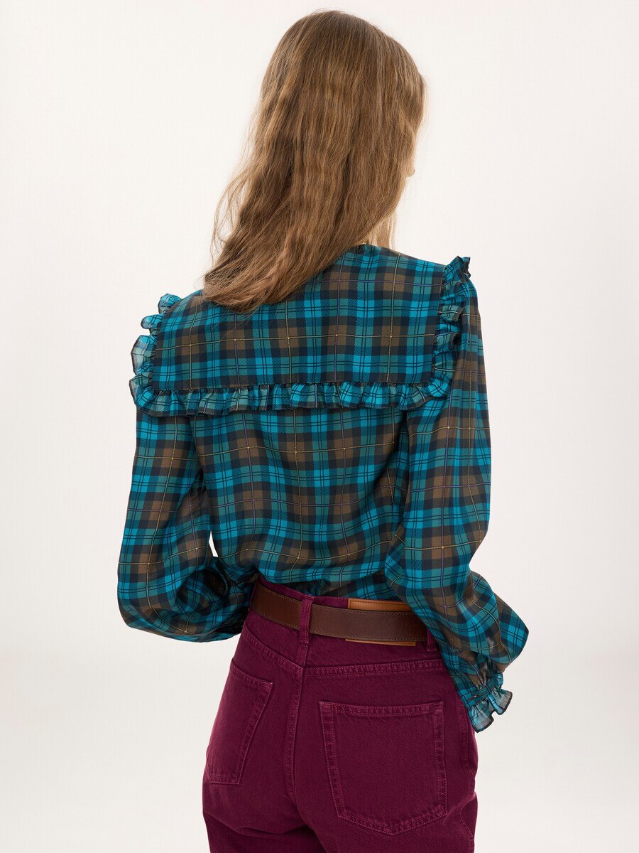 Ruffled lavalli&egrave;re blouse in check silk habotai - 5