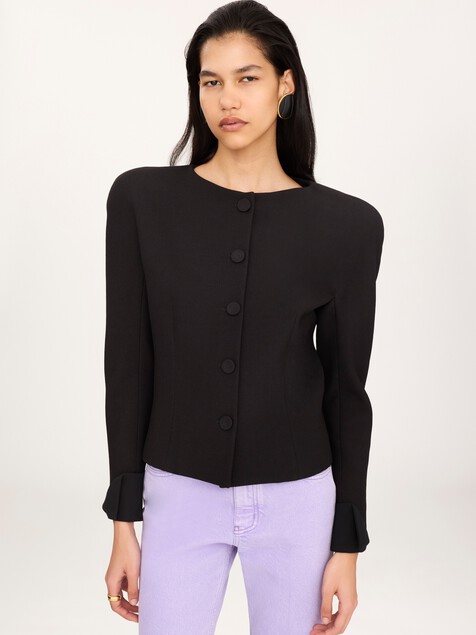 K&ouml;rperbetonte kragenlose Jacke aus Wollkrepp