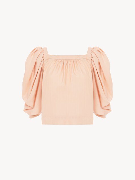 Puff-sleeve pleated top in silk poplin