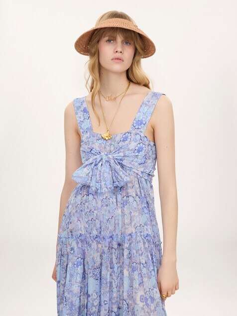 Robe longue fronc&eacute;e en voile de coton
