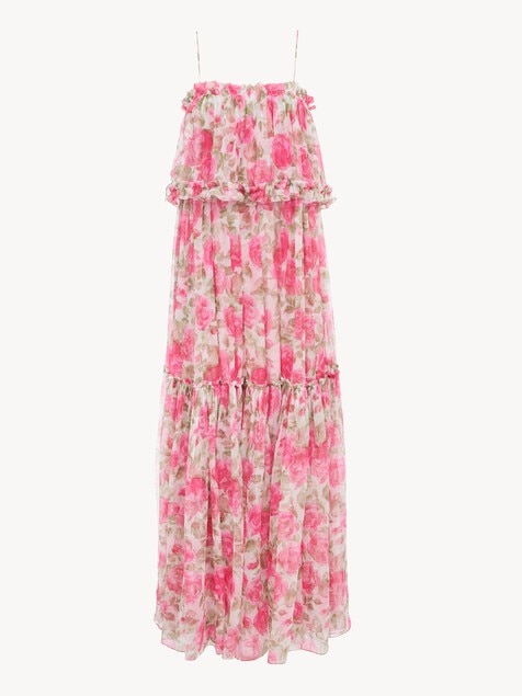Robe longue &agrave; fines bretelles en mousseline de soie