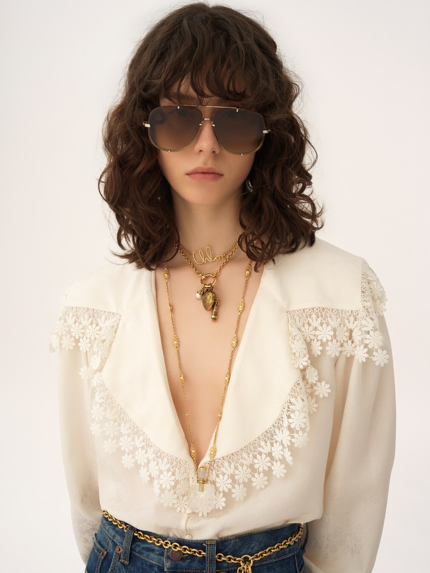 Bluse aus Seidenjacquard und Spitze mit Maxikragen - 7