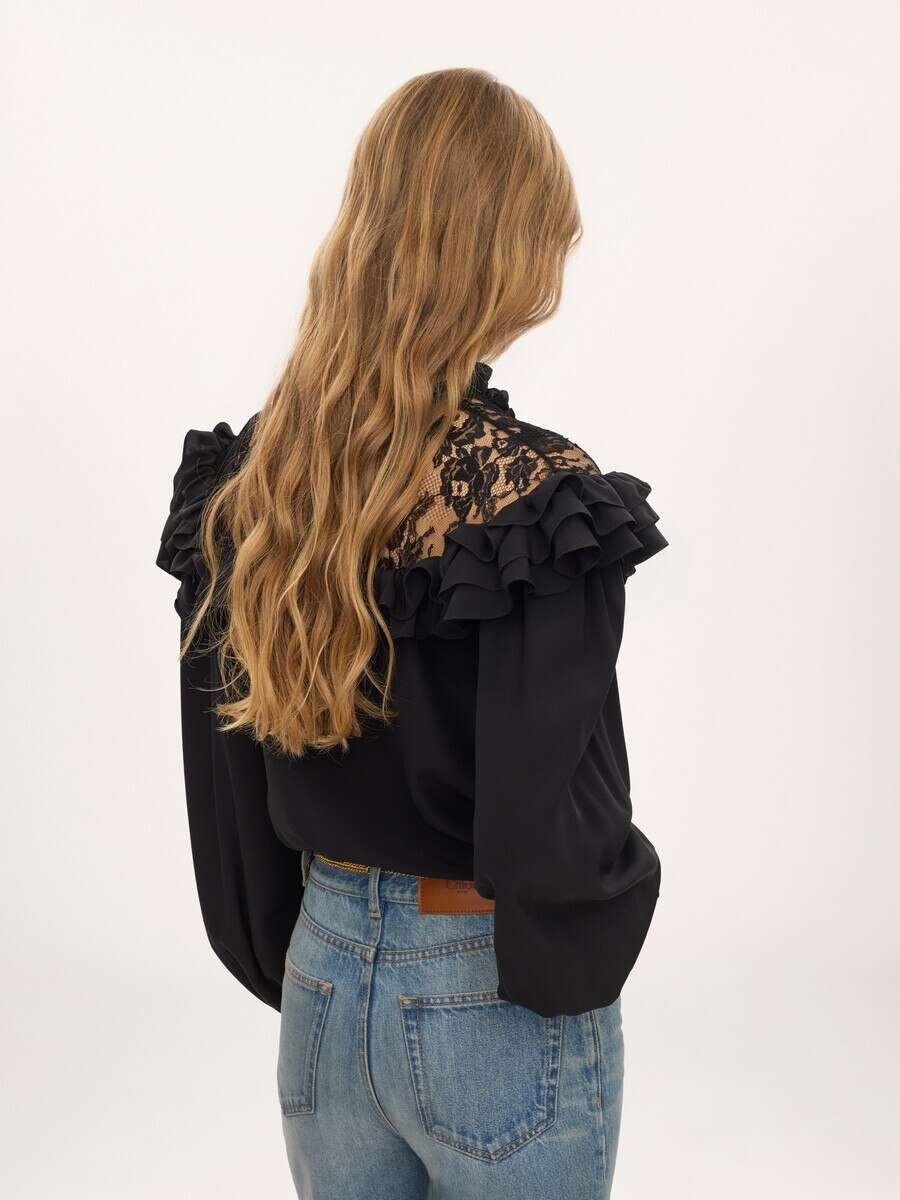 High-neck ruffled blouse in cr&ecirc;pe de chine & lace - 5