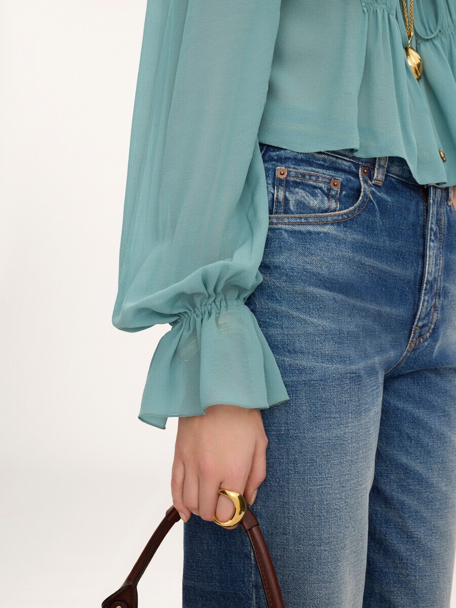Scoop-neck cropped top in silk georgette & lace - 7