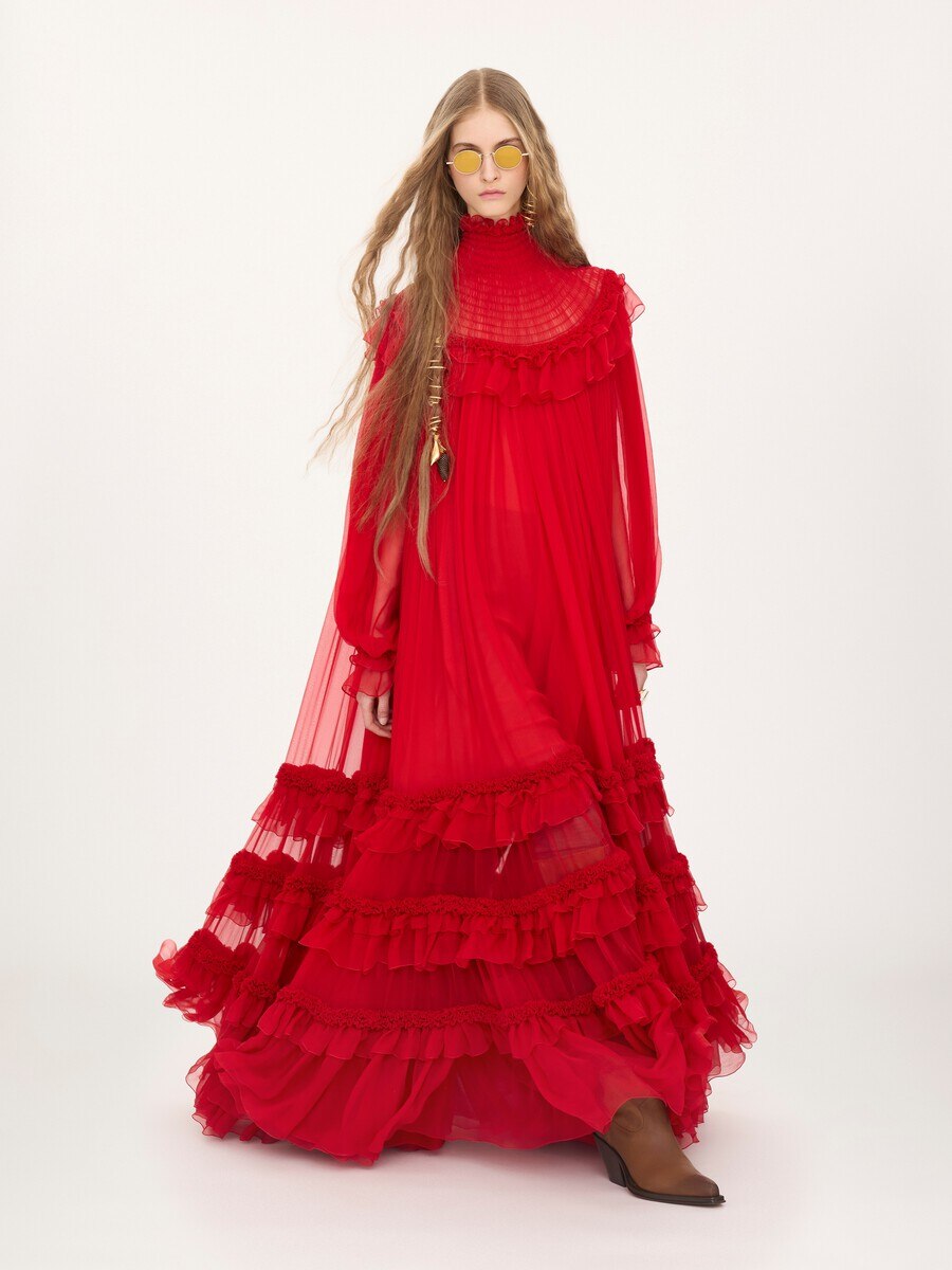 High-neck ruffled long dress in silk mousseline - 10