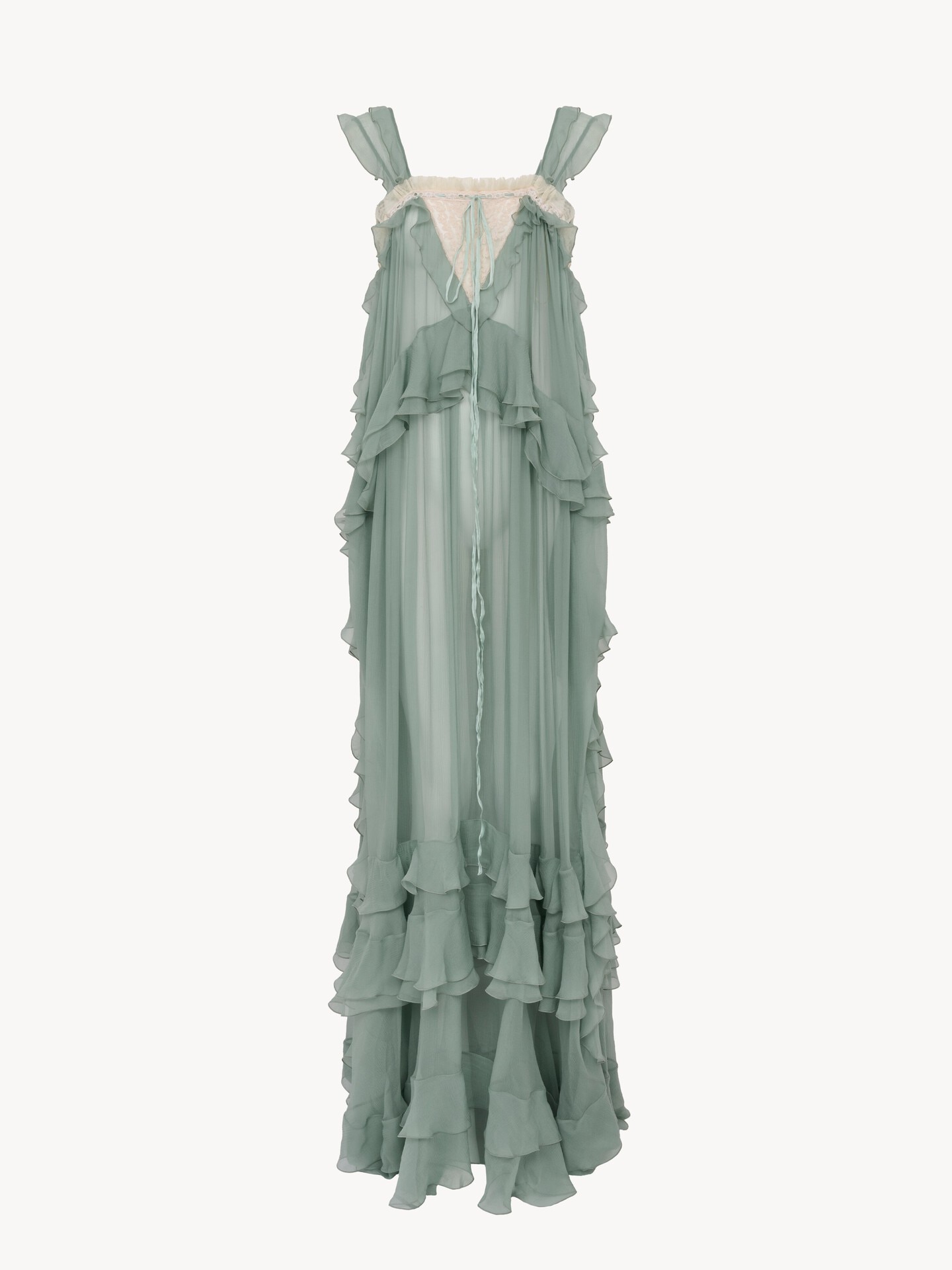 Sleeveless layered long dress in silk mousseline & lace - 2