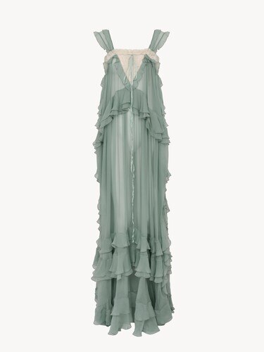 Sleeveless layered long dress in silk mousseline & lace - 2