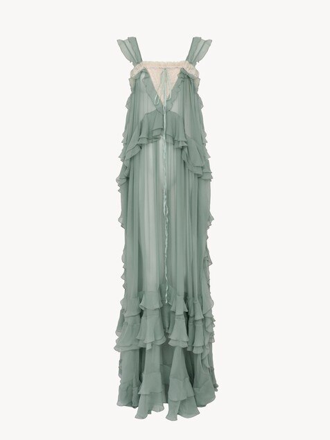 &Auml;rmelloses, mehrlagiges langes Kleid aus Seidenmusselin und Spitze