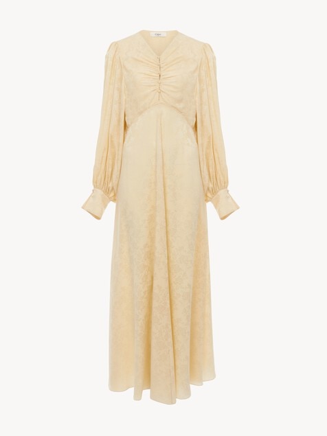 Ruched long dress in silk jacquard