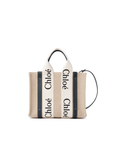 リネン製Woodyスモールトートバッグ White - Blue - Chloé