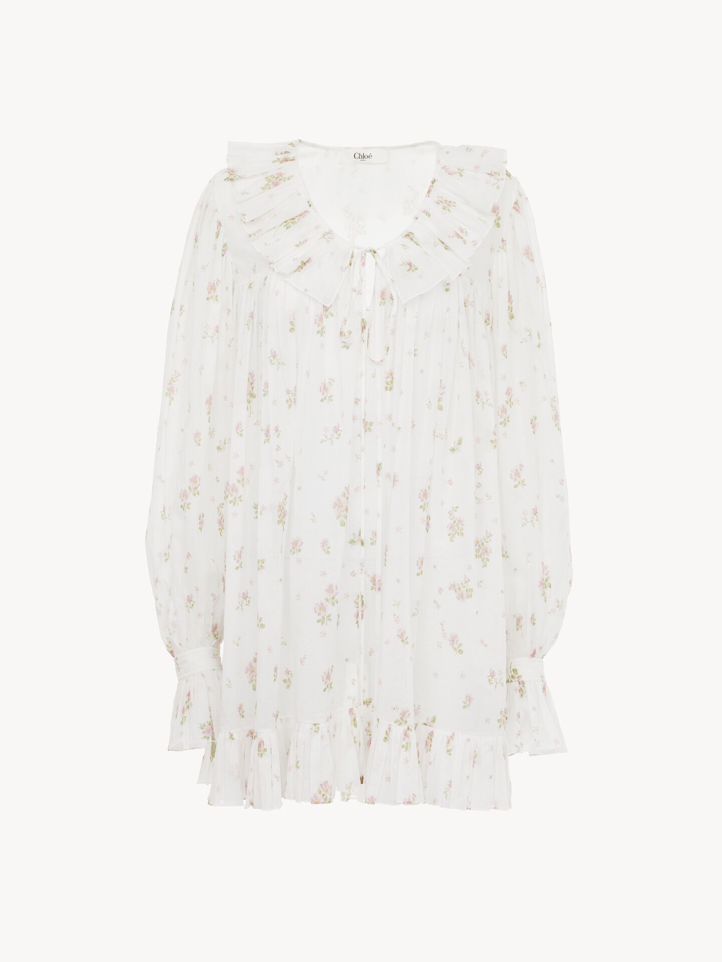 Gathered long-sleeve mini dress in cotton voile - 2