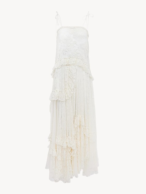 Thin-strap long dress in embroidered lace