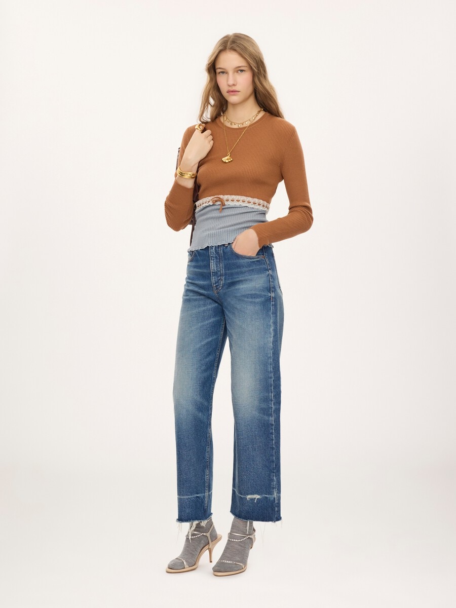 Cropped fitted jumper in a wool knit & lace - 3