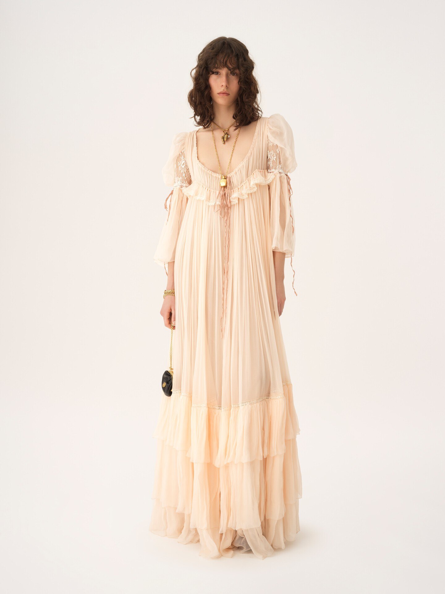 Oversized long ruffled dress in silk mousseline & lace - 6