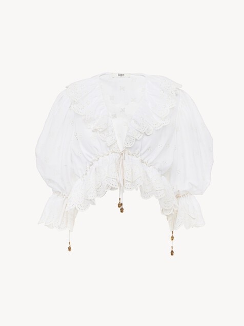 V-neck ruffle top in cotton voile