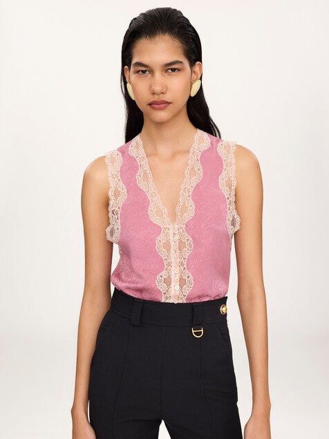 Sleeveless peplum top in silk jacquard & lace