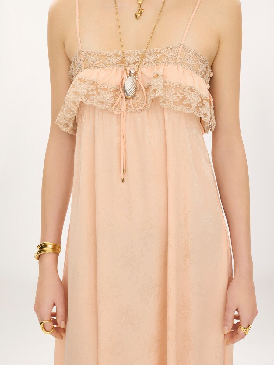 Thin-strap long dress in silk jacquard & lace - 4