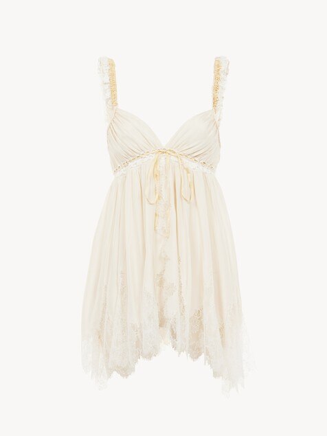 Sleeveless top in washed silk pong&eacute; & lace