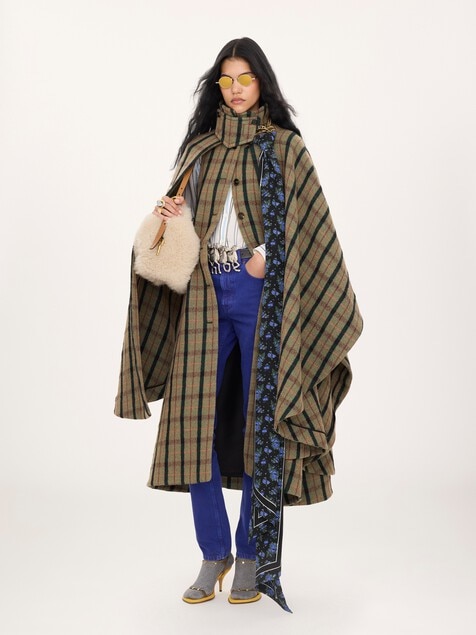 Layered long cape coat in brushed check wool