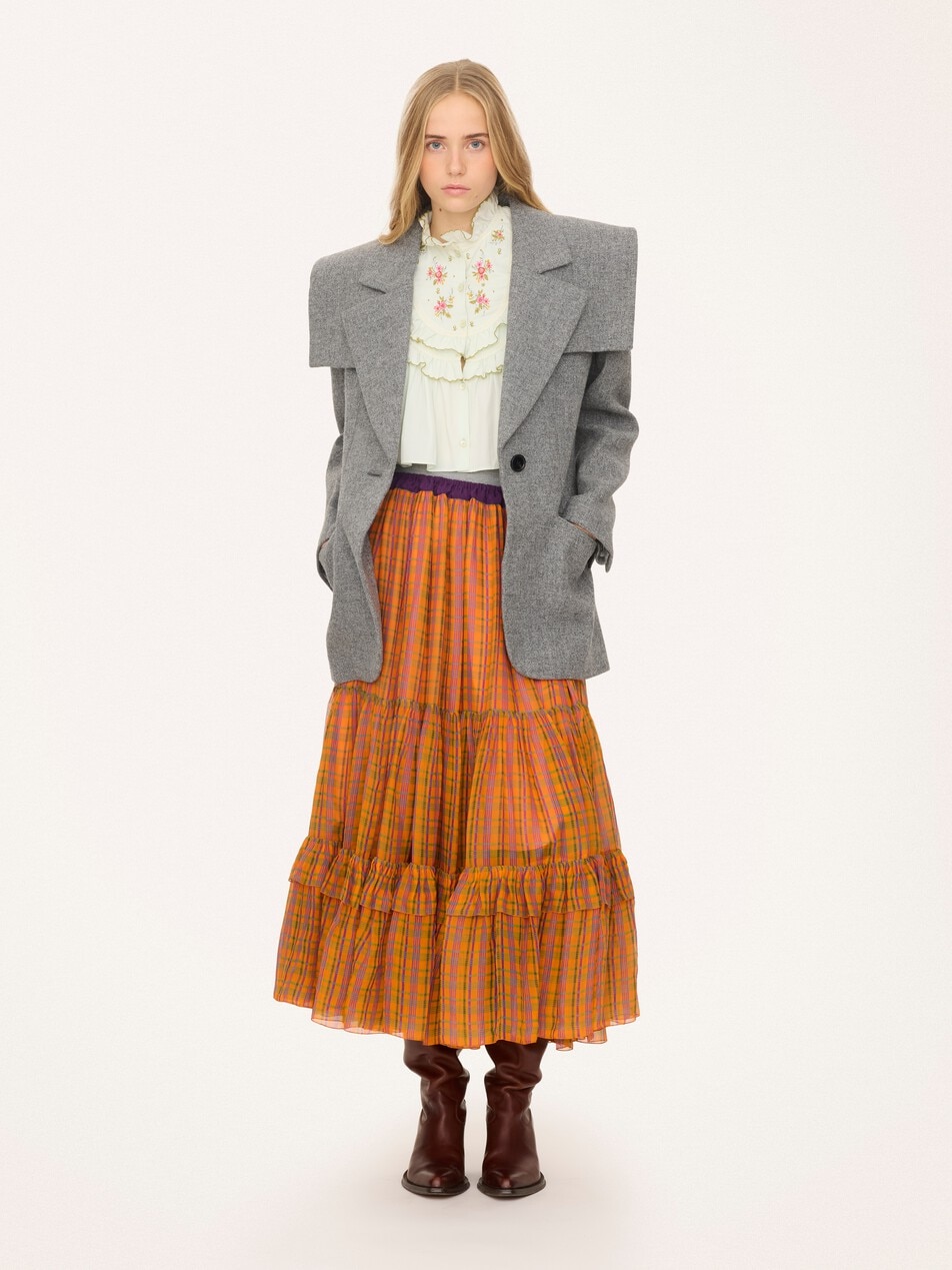 Ruffled long skirt in check silk mousseline