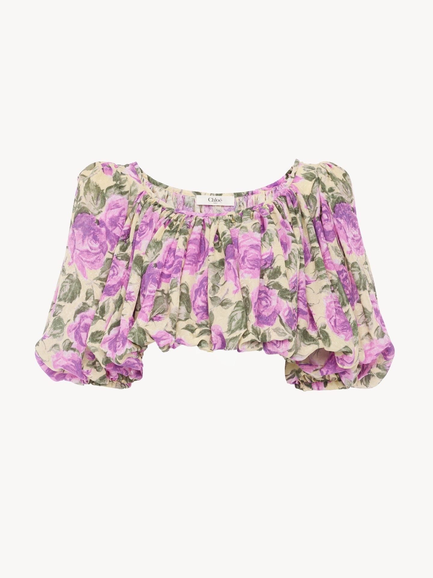 Cropped puff-sleeve top in silk jacquard - 1